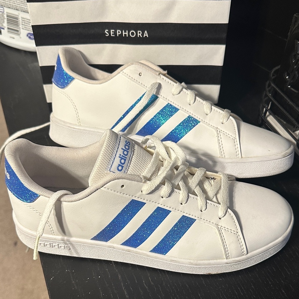 Adidas White Sneakers with Glitter Blue Stripes